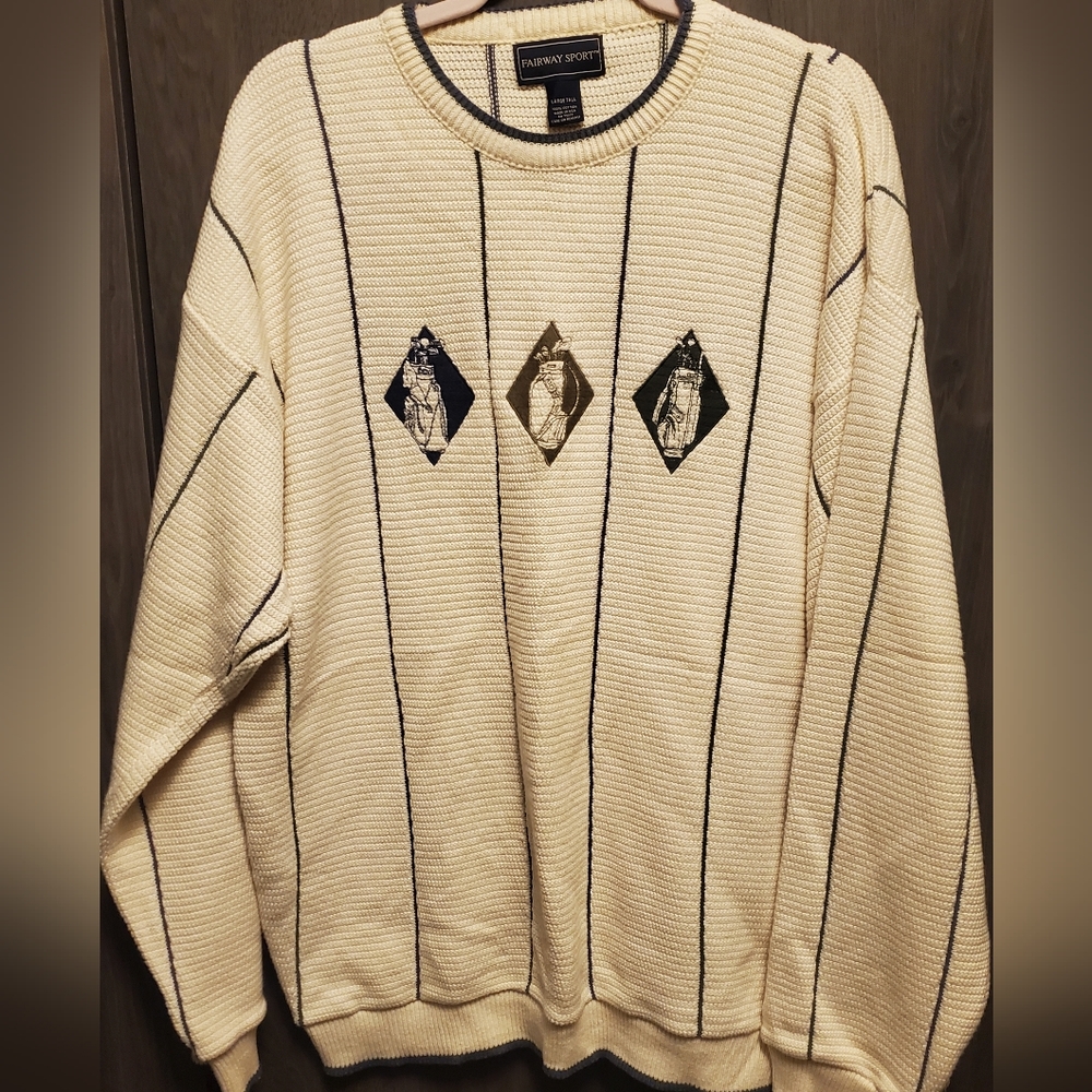 90s Vintage Textured Ivory Embroidered Golf Sweater Sz Large